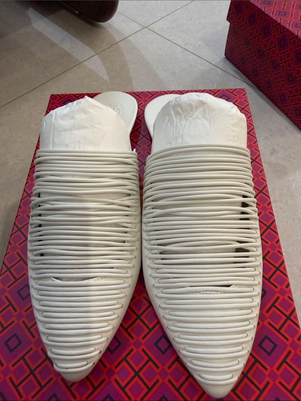Tory Burch White Woven Rope-Detail Pointed Mules